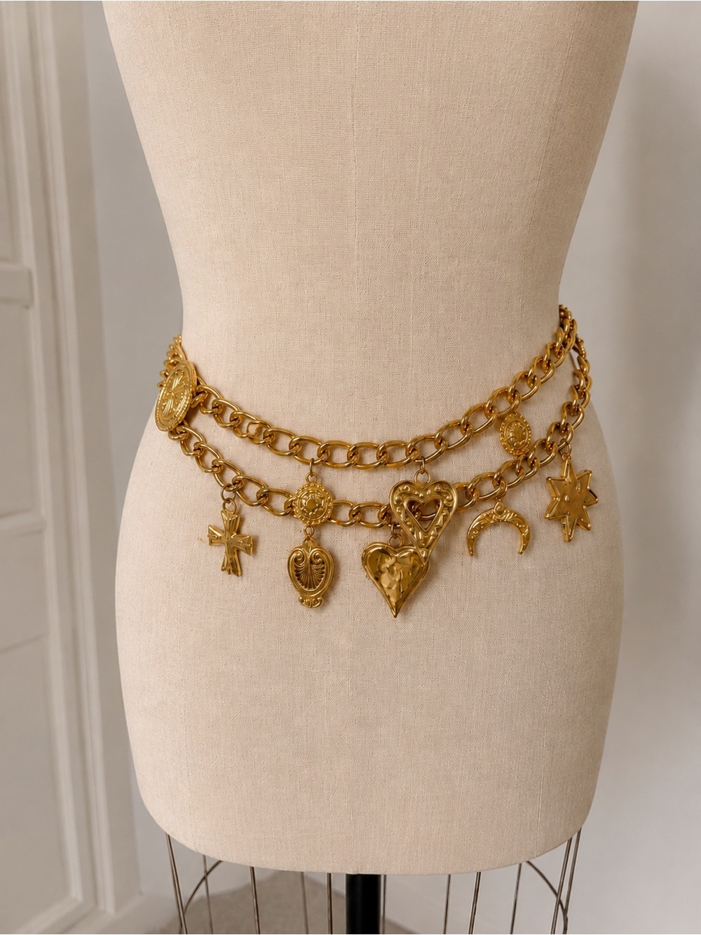 Vintage Escada Gold Tone Charm Chain Belt Celestial Heart Cross Medallion Boho